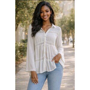 Womens Boho Flared Sleeve Lace Crochet Hippie Flowy Casual Blouse Size M White